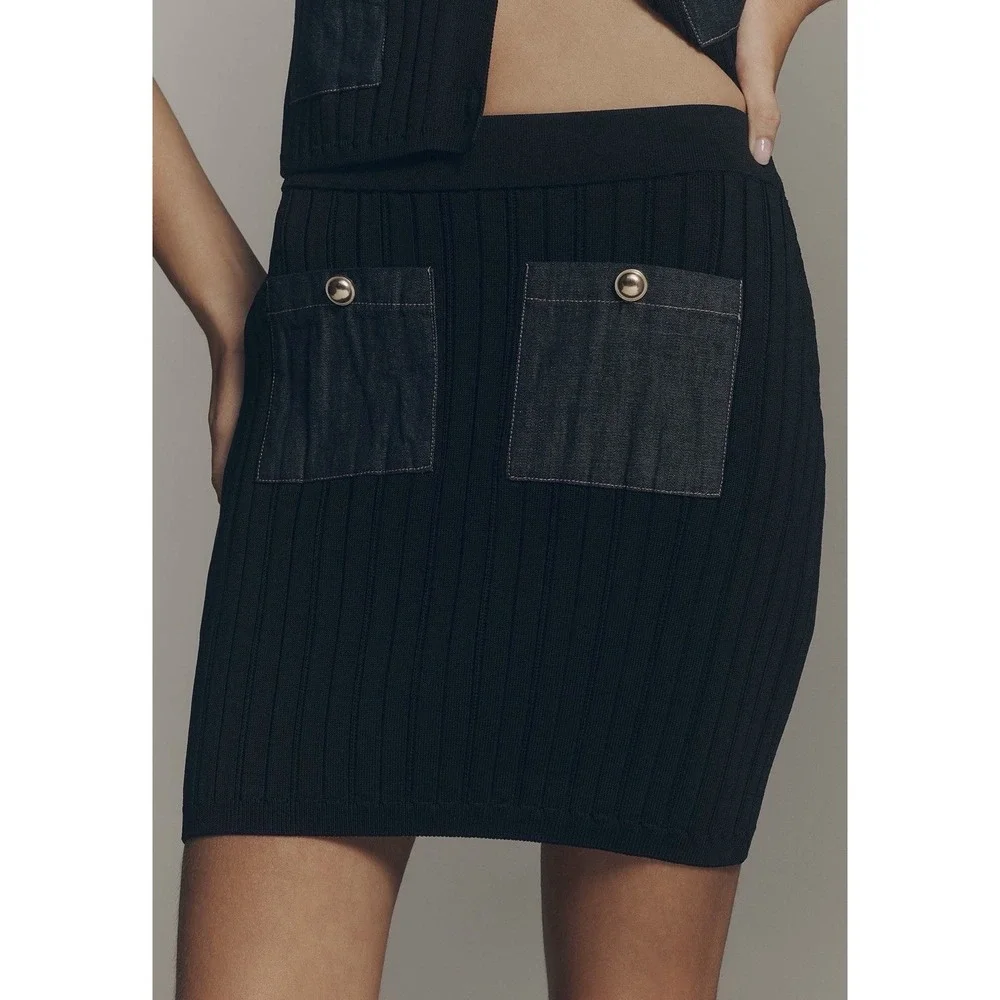 ANTHROPOLOGIE MAEVE Women's New SMALL Denim Pocket Knit Mini Skirt Black 4120